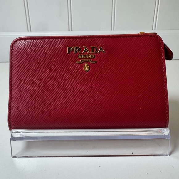 Prada Handbags - Prada Women’s Red Leather Saffiano Small Bifold Wallet with Gold-Toned Hardware